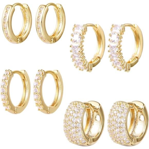 Small Gold Hoop Earrings Set for Women Diamond Pave Gold Earrings Set - Picture 1 of 16